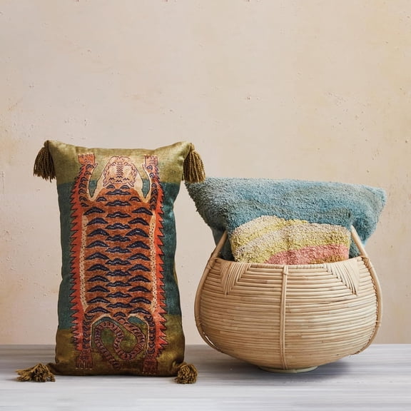 Cotton Velvet Blend Tiger Lumbar Pillow with Colorful Tassels - Soft Decorative Throw Pillow for Living Room Sofa Bed