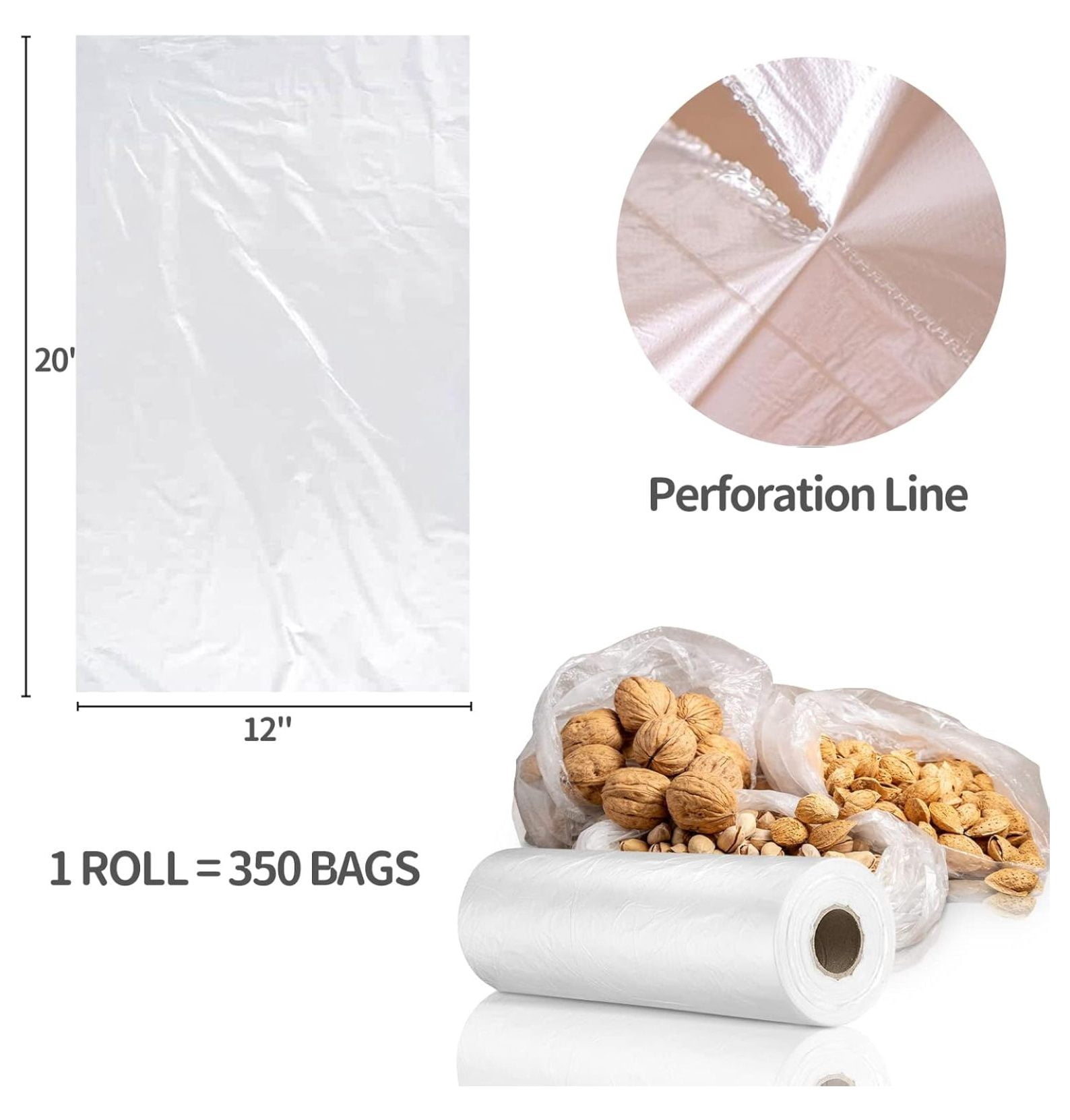12” x 20” Plastic Produce Bags, Food Storage Bags 350pcs on a Roll, Clear Produce Bag for Food Vegetable Bread Fruit Meat - 8 Rolls