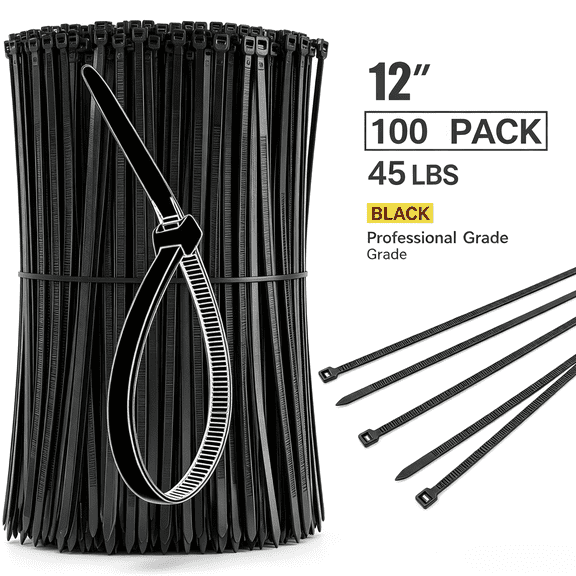 12 Inch Zip Ties (100 Pack) - 45 lb Tensile Strength, Black Self-Locking Nylon Cable Ties for Indoor & Outdoor Use