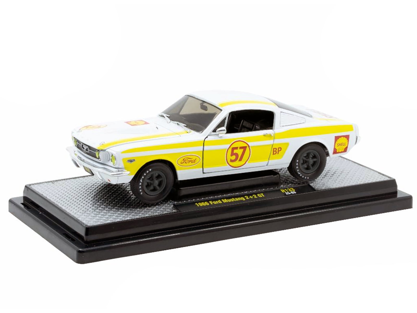 1966 Ford Mustang 2+2 GT #57 "Shell Oil" White with Yellow Stripes Limited Edition 1/24 Diecast Model Car by M2 Machines