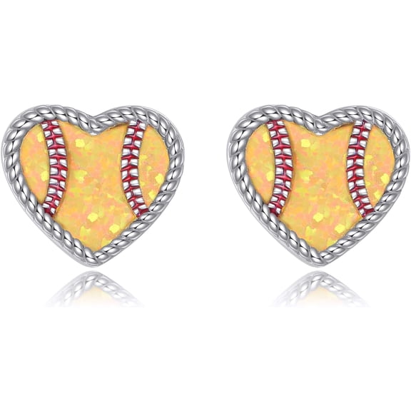 YAFEINI Softball Earrings Sterling Silver Yellow Opal Softball Stud Earrings Dainty Heart Sport Jewelry Gift For Women