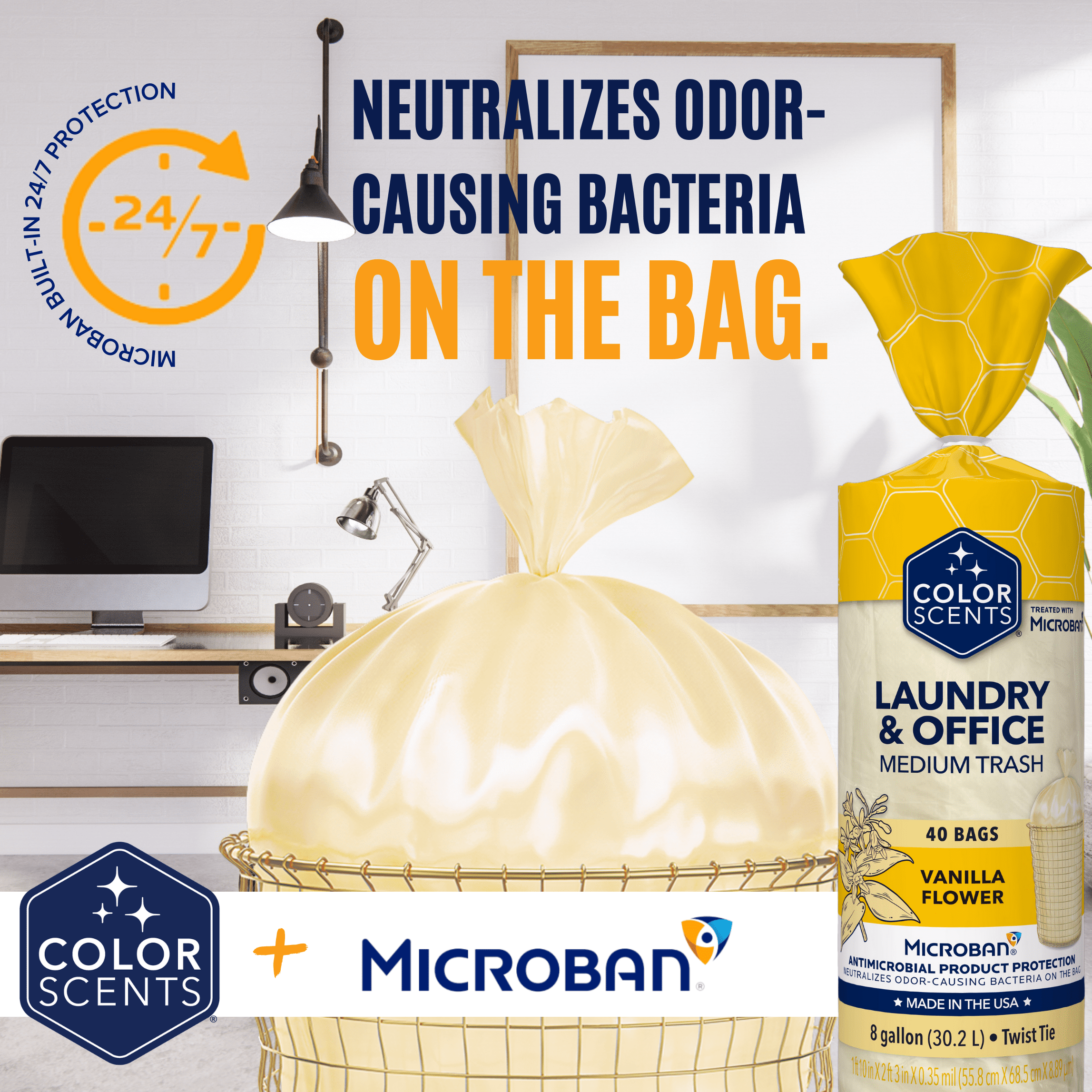 (3 pack) Color Scents 8-Gallon Medium Vanilla Flower Scented Trash Bags with Microban, 40 Count