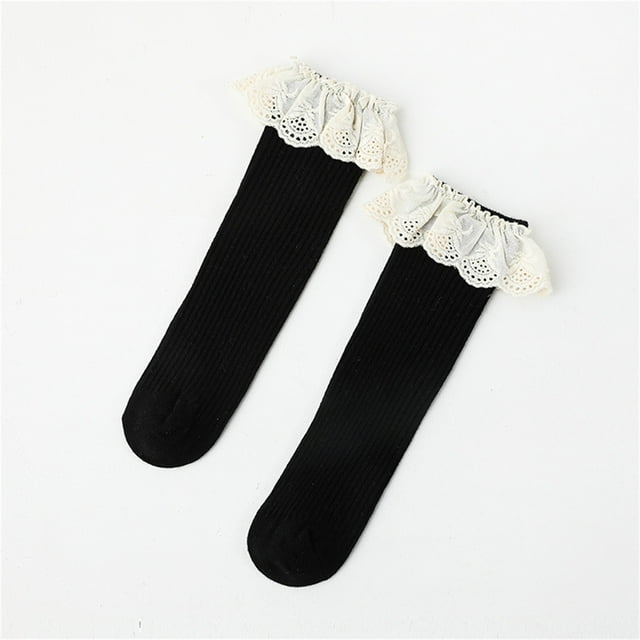 Ohufall Children's Solid Color Socks With Large Lace And A Middle Tube Baby Girls' Socks
