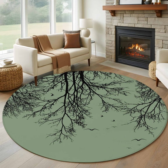 Green Black Branches Round Area Rug 8Ft Washable Large Circle Rugs for Living Room Dorm, Botanical Dead Tree Birds Non-Slip Carpet Floor Mats Indoor Outdoor Carpet Runner Aesthetic Home Decor