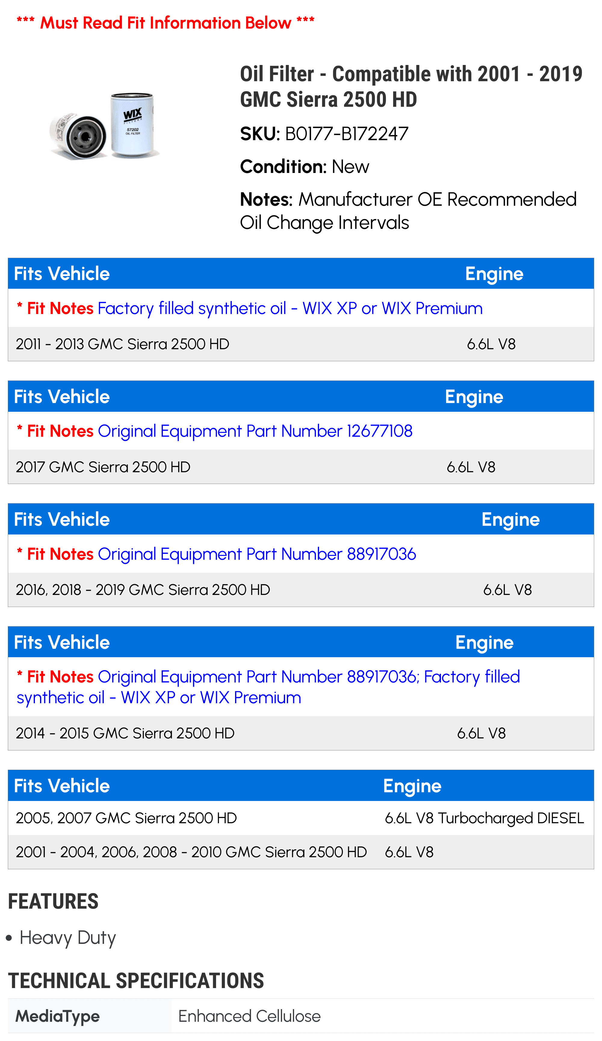 Oil Filter - Compatible with 2001 - 2019 GMC Sierra 2500 HD 2002 2003 2004 2005 2006 2007 2008 2009 2010 2011 2012 2013 2014 2015 2016 2017 2018