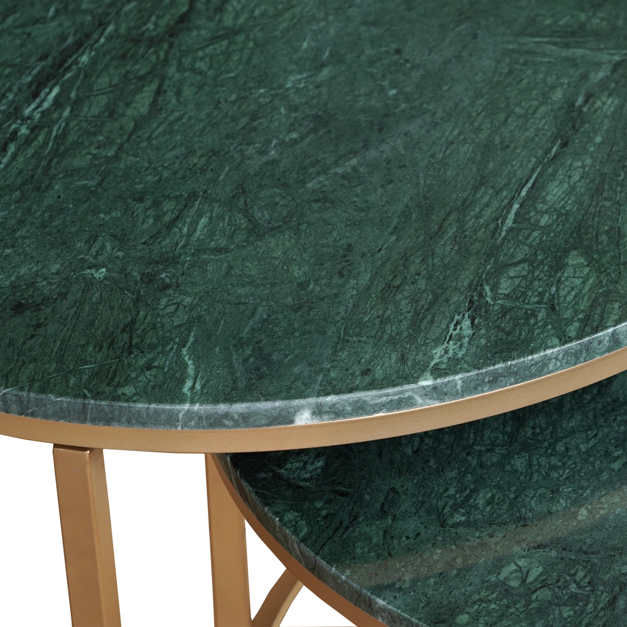 Ox Bay Savannah Set of 2 Nesting Coffee Tables, Round Green Marble Top with Gold Base, Indoor Glam Style