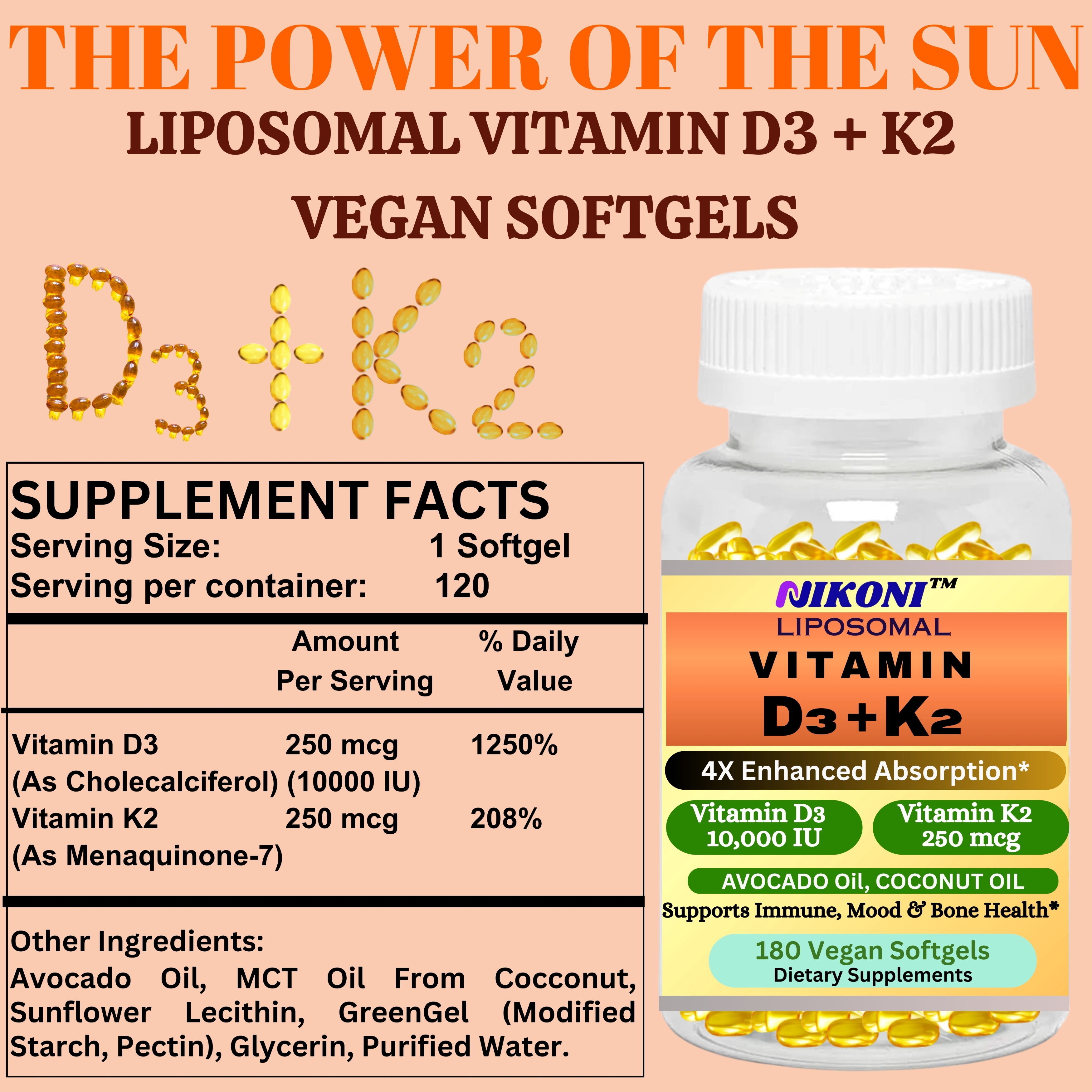Nikoni Liposomal Vitamin D3 10,000IU + K2 Softgels Dietary Supplement, High Strength, 180 Vegan Softgels