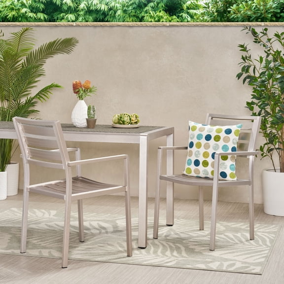 Modern Outdoor Open Slat Design Aluminum Dining Chair, Set of 2, Silver