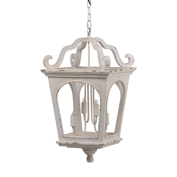 16 Inch 4 Light Chandelier, Classic Design, Fir Wood Iron, Distressed White, Saltoro Sherpi