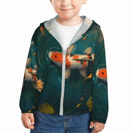 

Qekee Koi Pond Lilies Print UPF 50+ Kids Sun-Protective Hooded Long Sleeve Rash Guard for Fishing Water Beach Sports -2 Years