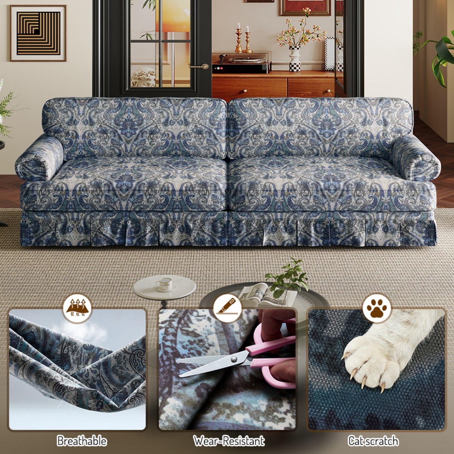Alvantor 74" 3-Seater Cloud Sofa Couch Upholstered Chenille Couch with Rolled Arms & Pleated Skirt, Mid-Century Modern Sofa for Living Room Blue