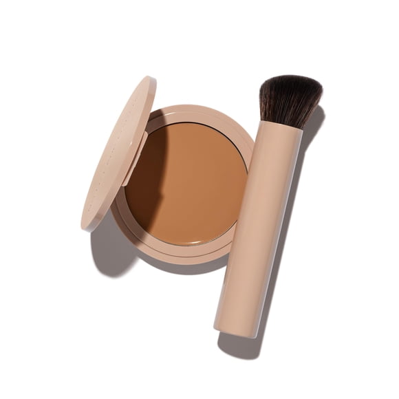 Dúo de brocha y base ligera de larga duración sin maquillaje | Maquillaje edificable a prueba de transferencias, sin fragancia, sin crueldad animal (bronceado)