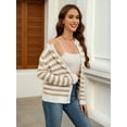 thumbnail image 3 of Women'S Cardigan Sweaters Striped Open Front Button Down Knitted Coat Cropped Fall Outwear White-Brown XL, 3 of 8
