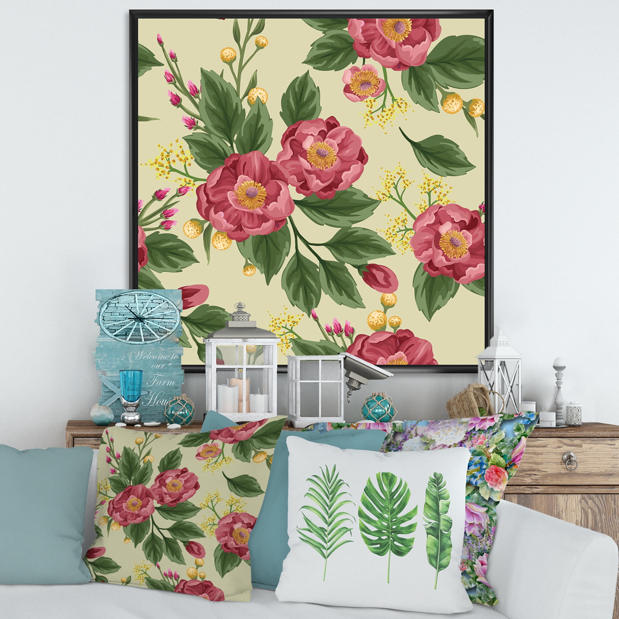 Designart 'Vintage Sweet Peas and Peonies On Beige' Traditional Framed Canvas Wall Art Print