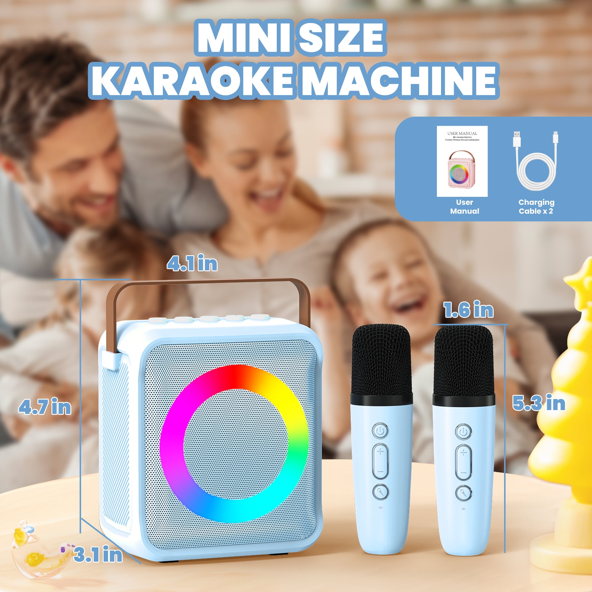 BONAOK Mini Karaoke Machine for Kids, Portable Bluetooth Speaker with 2 Wireless Microphones, Girls Gifts for Christmas Home Party, Blue
