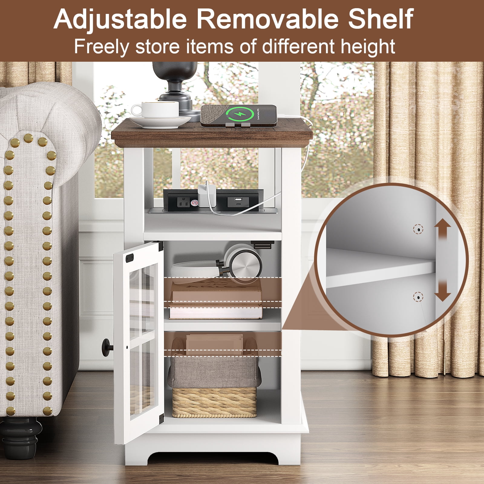 FAGAGA End Tables with Charging Station for Living Room, Wooden Nightstand for Bedroom, White