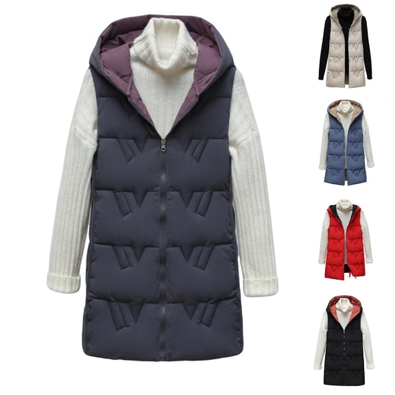 Dazajoo Women's Winter Long Vest Lightweight Warm Quilted Jacket Sleeveless Padded Down Coat Zip Up Hooded Athletic Jackets,Black,XXL