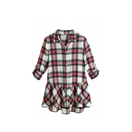 - Women's Tunic Top - Pink Plaid Flannel Button Down Roll Tab Sleeve Shirt