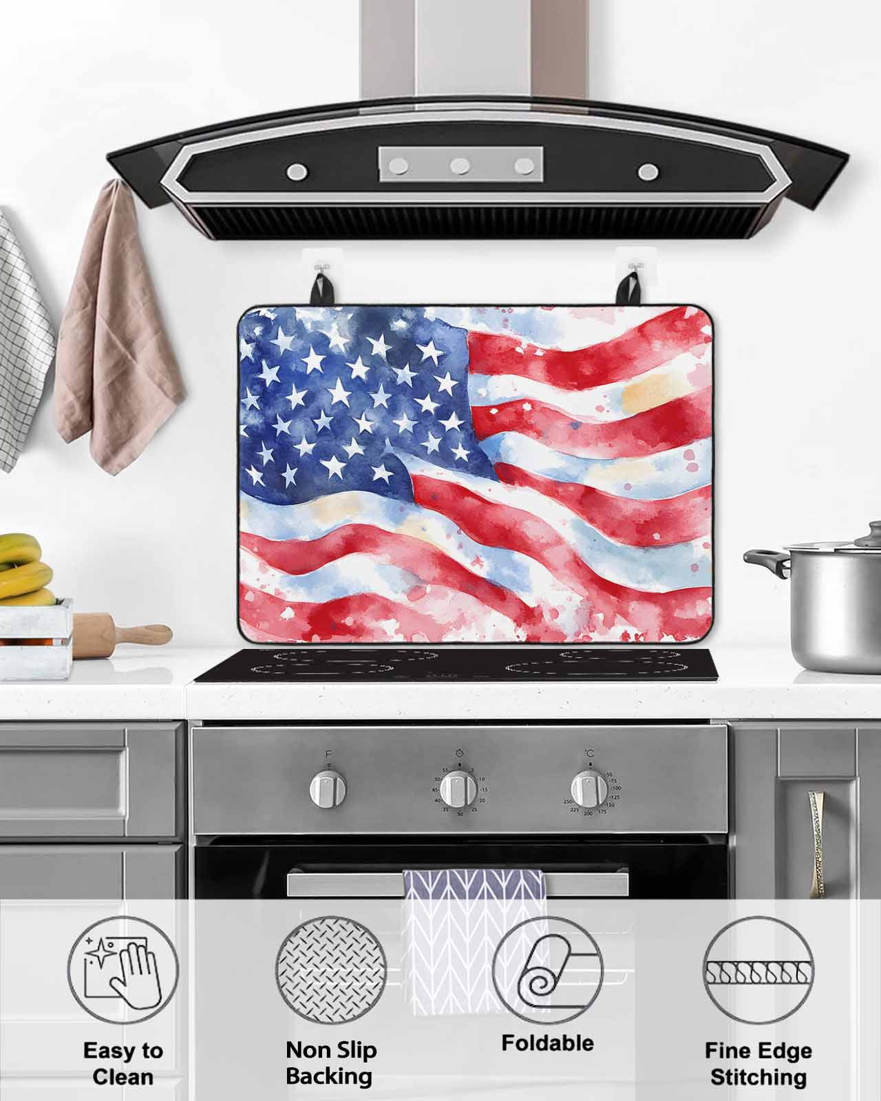 nqOlkjepod Large Induction Cooktop Protector Mat 36"x21", American Flag Stove Top Covers for Electric Stove, Watercolor Farmhouse USA Flag Decorative Stove Burner Cover Mats, Glass Top Stove Cover