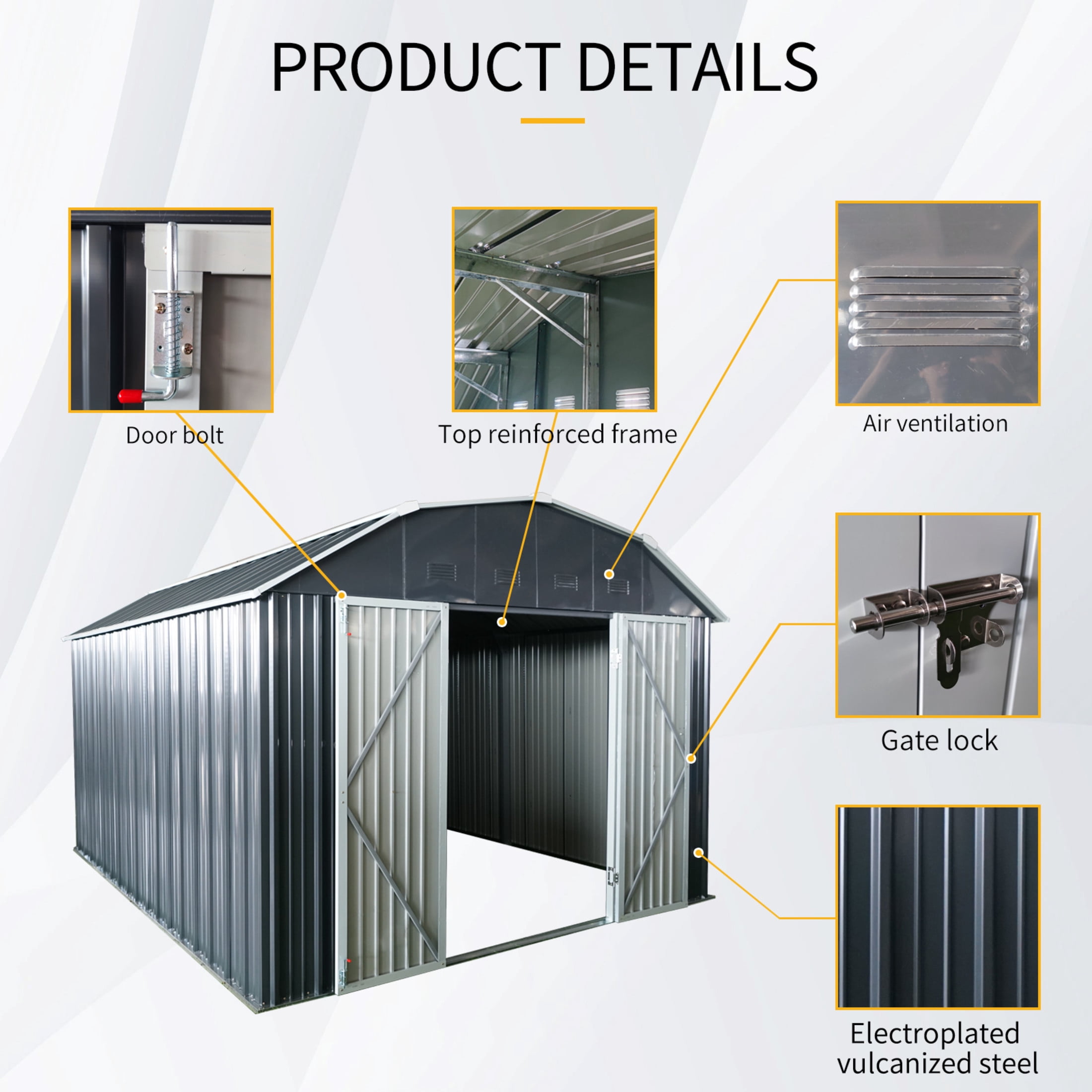 Noble House 10x12 FT Outdoor Metal Storage Shed with Arch Roof, Large Iron Backyard Garden Utility Building, Black