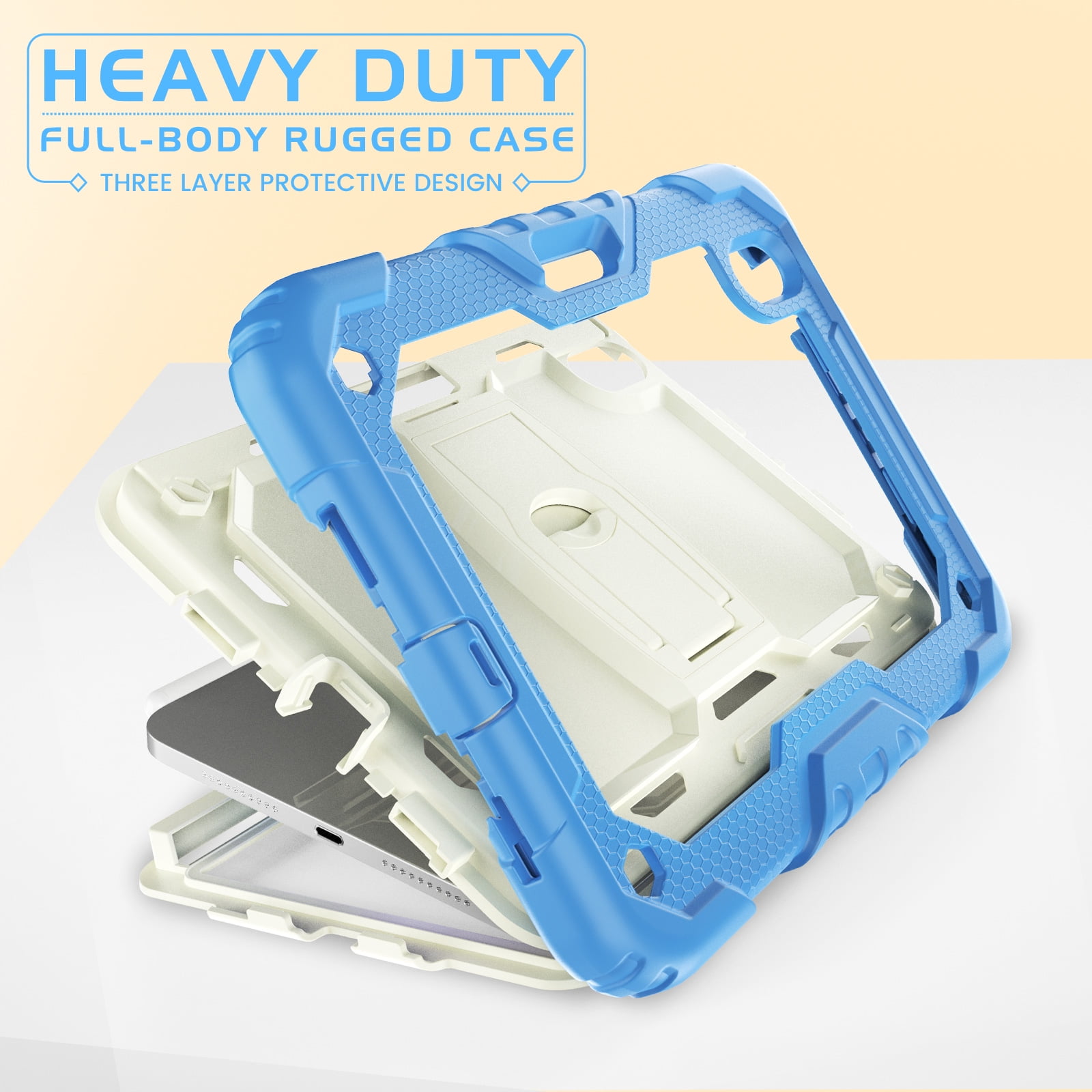 for iPad mini 6th Gen 8.3" 2021 Case with PET Screen Protector + Pencil Holder + Stand + Shoulder Strap | Heavy Duty Protection 3 Layer Silicone PC Case for iPad mini 6th Generation | Skyblue+Beige