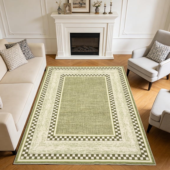 Garvee Area Rug 6x9, No Slip Washable, Modern Checkered Pattern Area Rug, Low-Pile Design Rug, Under Bed Carpet, for Living Room Bedroom Dining Room, Green