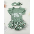 thumbnail image 5 of BemeyourBBs Newborn Baby Girls Summer Clothes Baby Girls Daddy's Girl Outfit 0 3 6 12 18 Months Letters Print Short Sleeve Ribbed Romper Floral Ruffled Shorts Set Hairband, 5 of 9