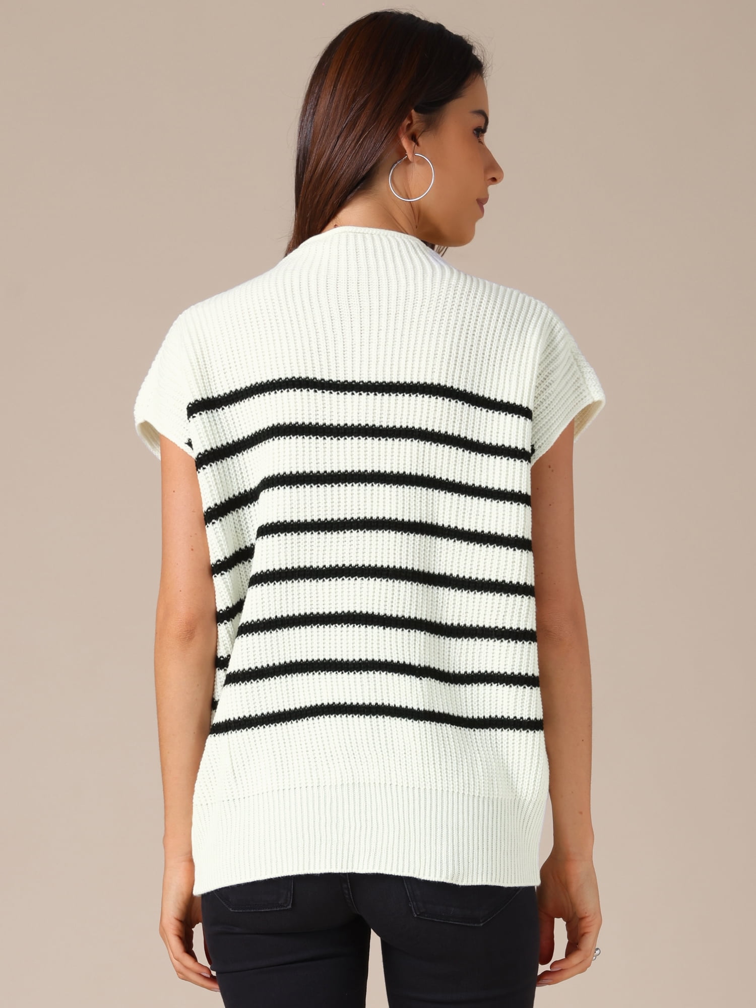 DARING DIVA Women's Mock Neck Striped Cap Sleeve Knit Tops L White