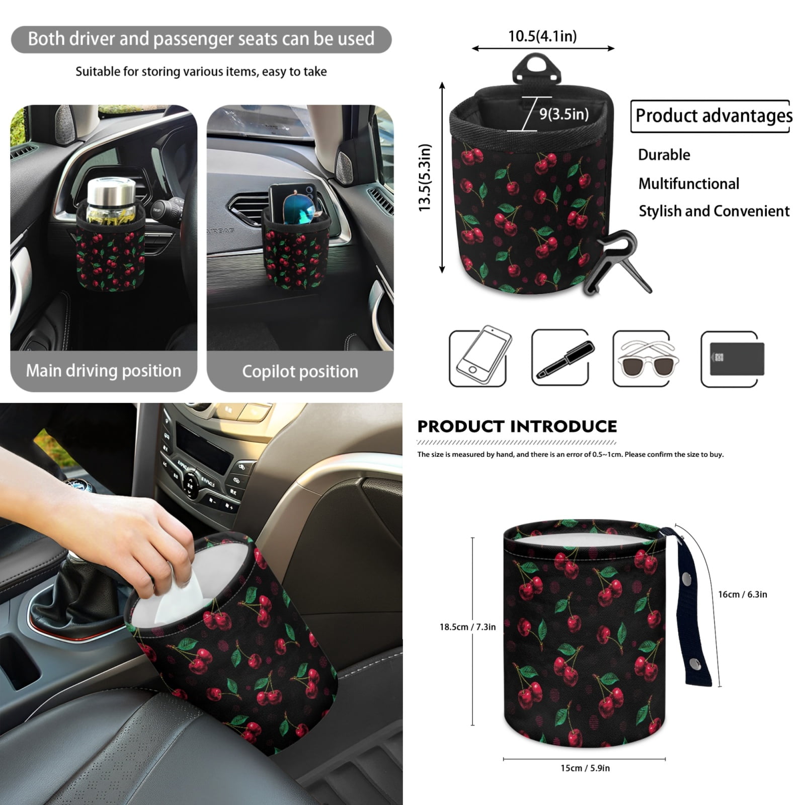Renewold Cute Cherry Black 12 PCS Front Car Seat Cover Set with Steering Wheel Rear View Mirror Cover Seat Belt Strap Protector Armrest Box Mat Cup Holder Trash Bag Air Vent Storage Pocket Keychain