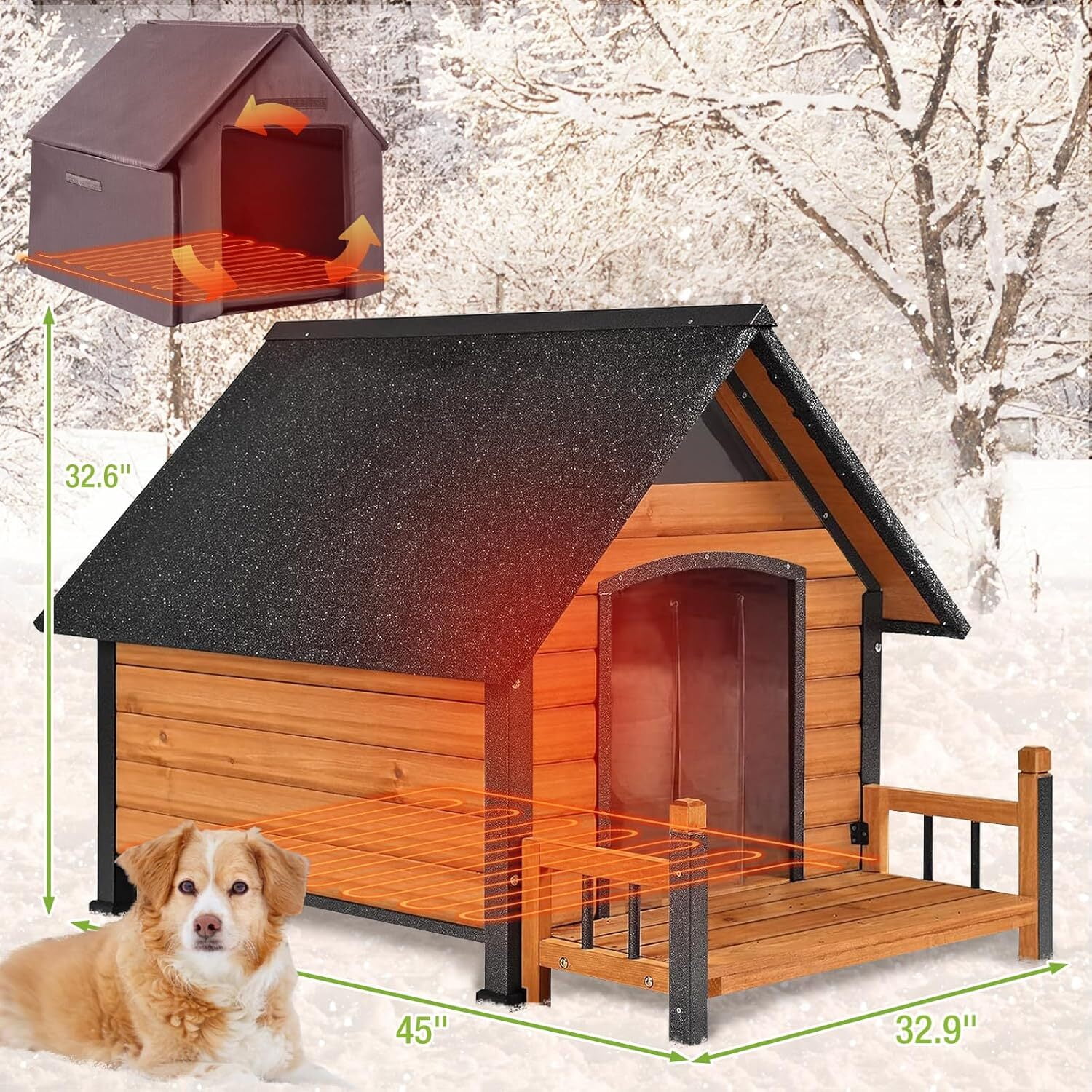 MEDEHOO Dog House Outdoor Heated Dog Kennel with Insulated Liner for Winter Metal Frame Dog House for Small Medium Large Dogs, Waterproof Roof Large