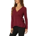 thumbnail image 4 of INSPIRE CHIC Women's Wrap Peplum Tops V Neck Long Sleeves Casual Knit Blouse XS Red, 4 of 6