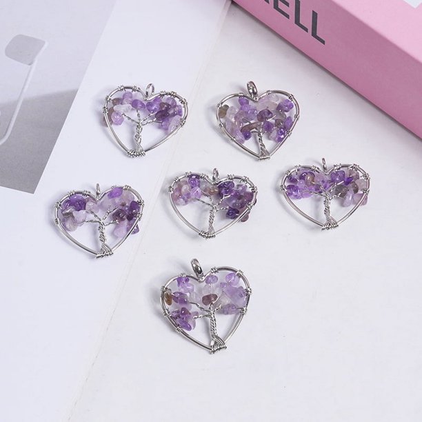 Zhuge Colgante de collar, hecho a mano, colgante de árbol de la vida en forma de corazón de piedra natural de cristal envuelto con joyería de cristal de grava de seda (púrpura)