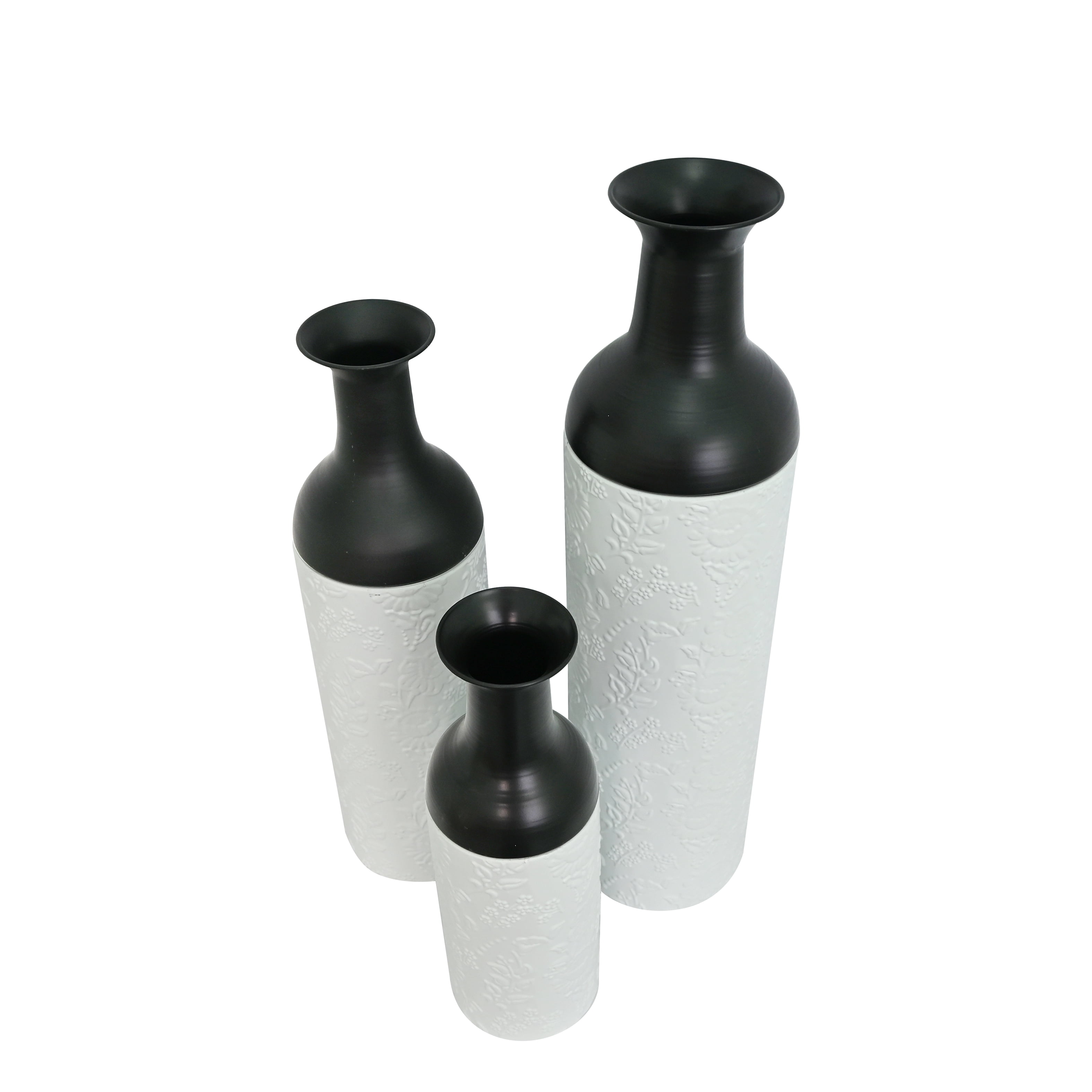 Metal Floor Vases Set of 3 with Leaf Pattern, Tall Decorative Vases and Home Decor Accents for Living Room Entryway, White and Black