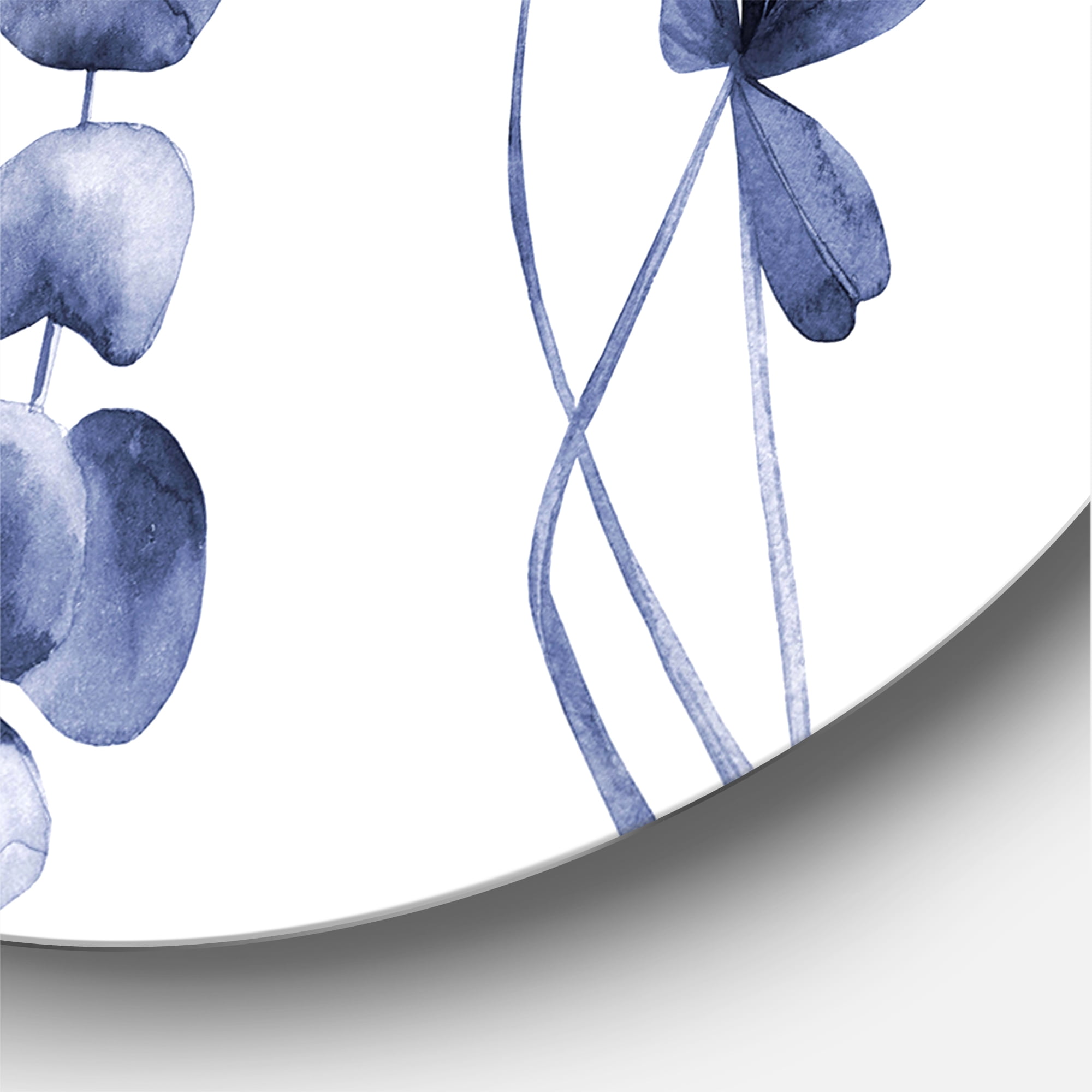 Designart 'Navy Blue Eucalyptus On White I' Traditional Circle Metal Wall Art 36x36 - Disc of 36