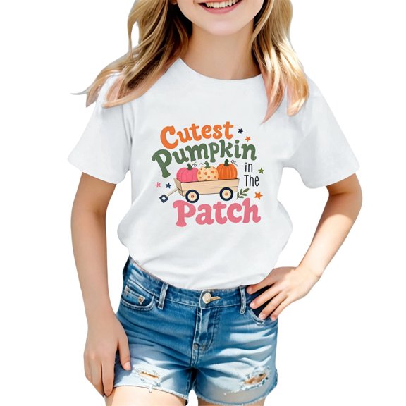 IWRICH Girls Cutest Pumpkins in the Patch T-Shirt Halloween Short Sleeve Crew Neck Tees,Size 2-13 Years White 160