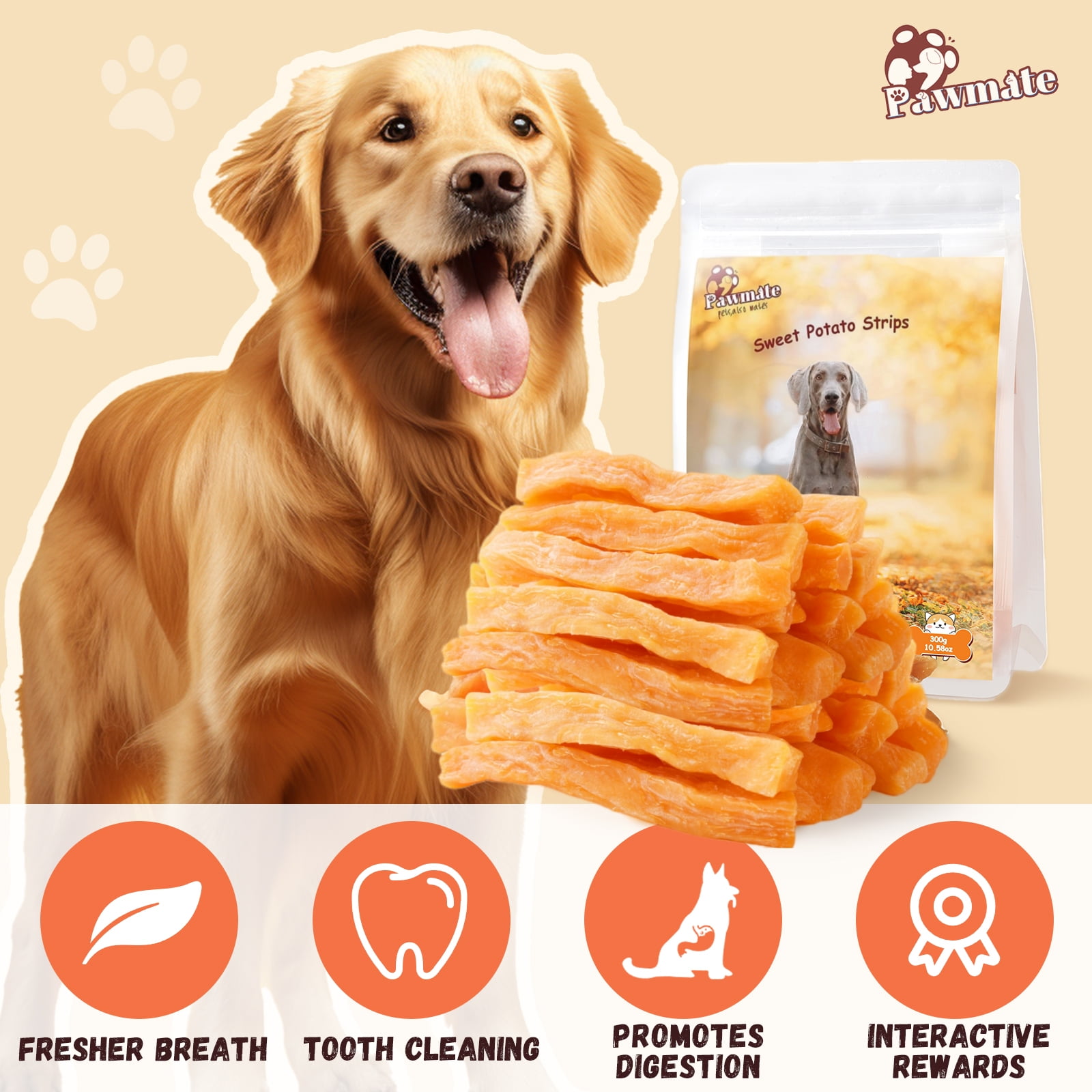 (2 pack) Pawmate Sweet Potato Dog Treats, Promote Digestion Soft Chews for All Dogs, 30 ct Packet