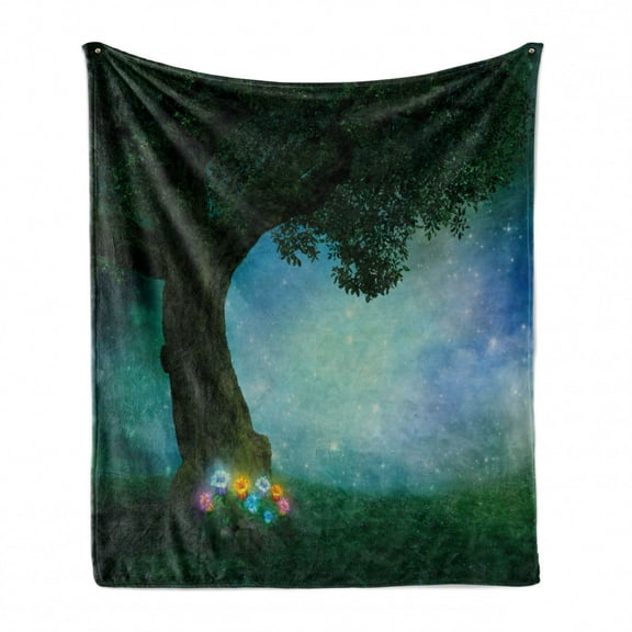 Forest Soft Flannel Fleece Throw Blanket, Fairytale Little Red Riding Hood Woodland at Night Flowers and Stars Image Print, Cozy Plush for Indoor and Outdoor Use, 70" x 90", Multicolor, by Ambesonne