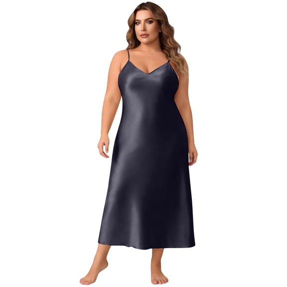 LWavelet Women's Plus Size Satin Slip Dress Spaghetti Strap V-Neck Elegant Nightgown Maxi Dress Black 3XL