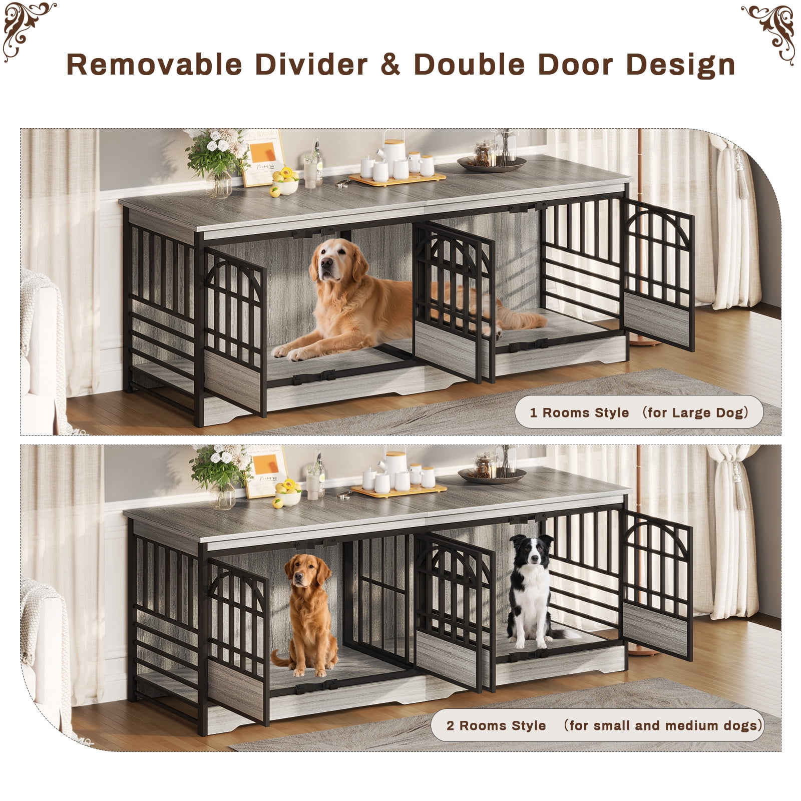 Bel Ark 86 inch Double Dog Crate Furniture for 2 Large Dogs Heavy Duty Double Dog Crates Furniture Indoor as TV Stand,Large Gray