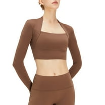 SWSMCLT Women's Yoga Workout Square Neck Crop Top Long Sleeve Yoga Shirt Soft Fashion Spandex Summer Basic Dark Coffee Small
