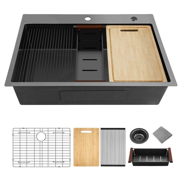 32 inch Gunmetal Black Stainless Steel  18 Gauge Single Bowl Dual Mount Workstation Kitchen Sink