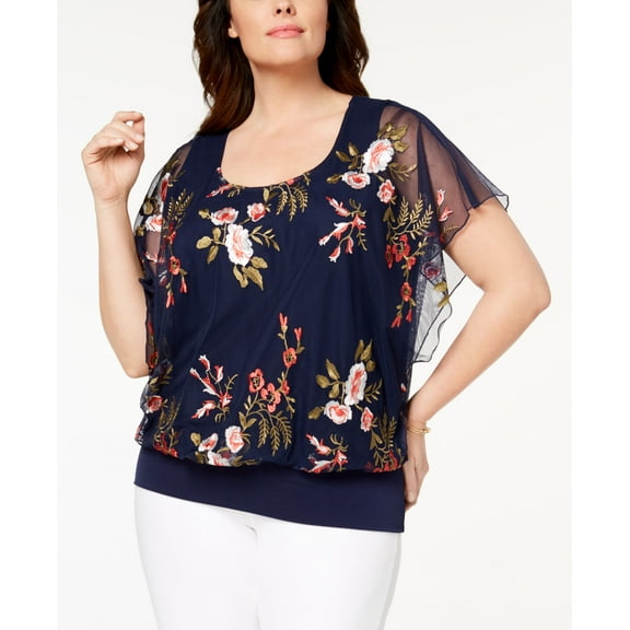 JM Collection Plus Size Embroidered Overlay Top navy embroidery 1X