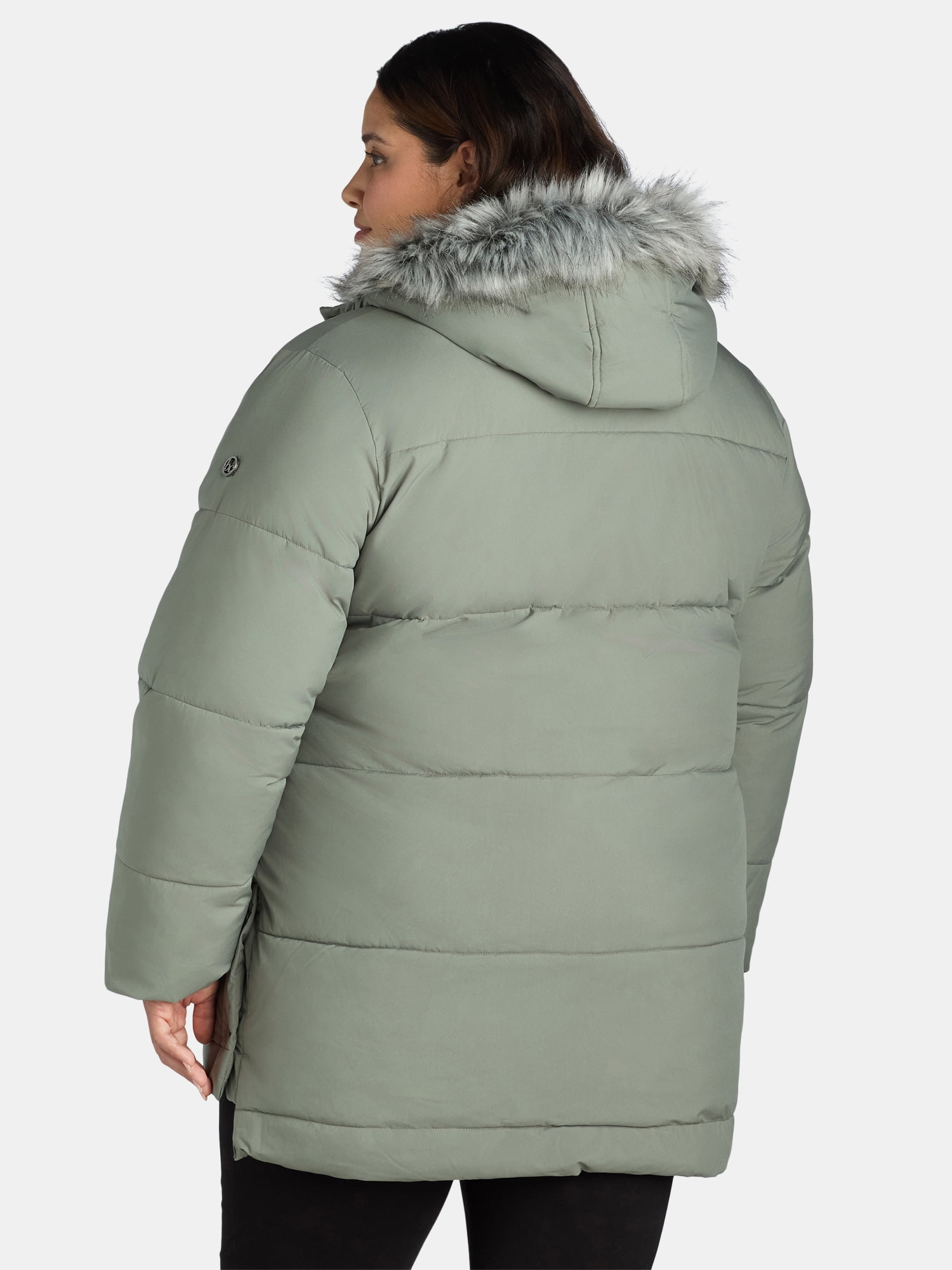 Big Chill Women's and Women's Plus Wide Quilted Puffer Coat with Faux Fur Trim Hood, Sizes S-3X