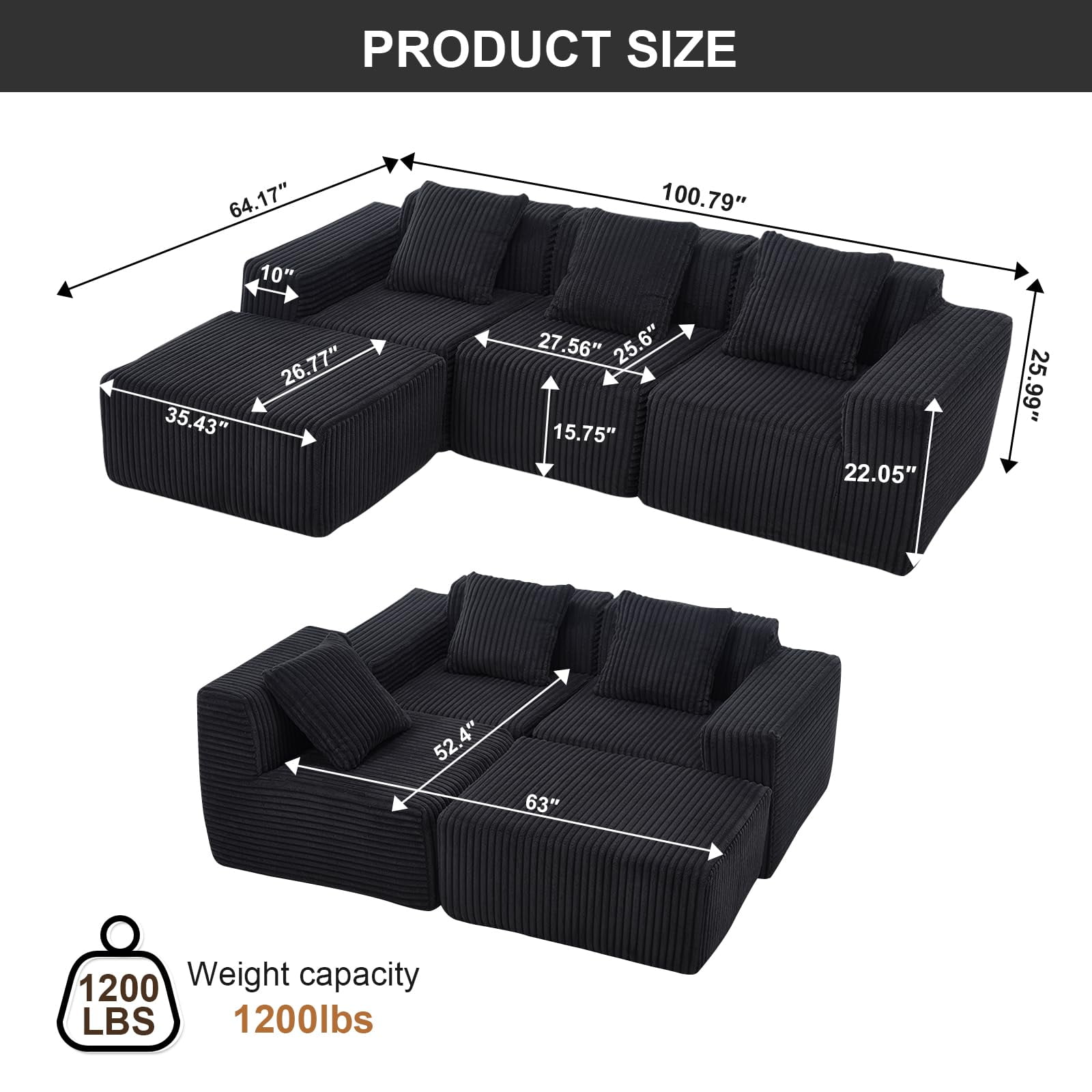 101" Boneless Memory Foam Sectional Sofa, Corduroy Could Modular Sectional Couch, Comfy L Shaped Compression Couches with Chaise for Living Room, No Assembly Required (Black, 101in)