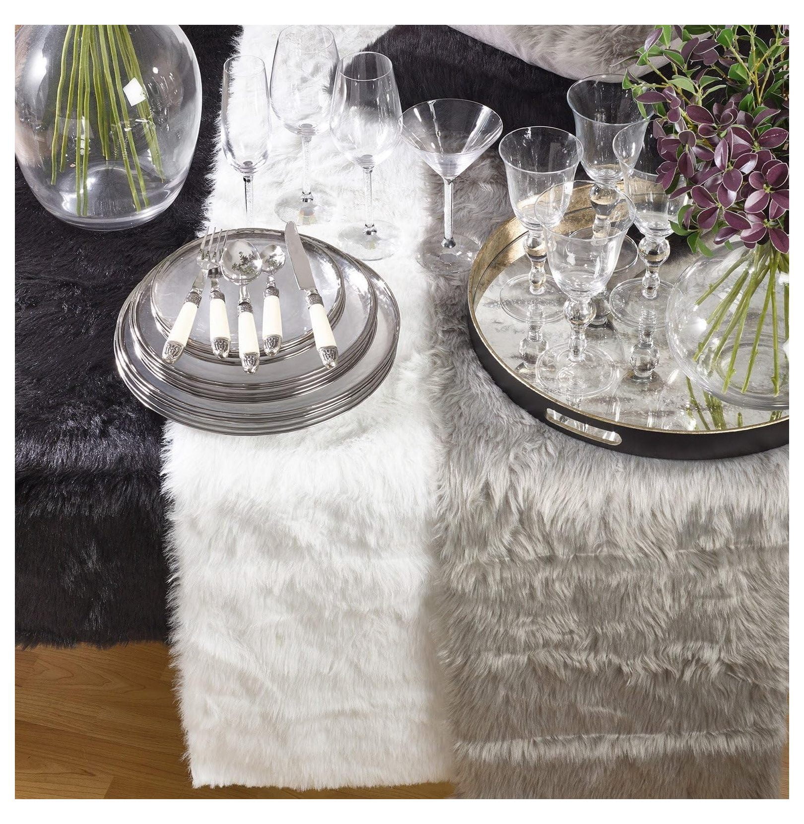 Juneau Faux Fur Table Runner 15 x 90 Inch - Gray Winter Table Decor for Dining Room, Holiday & Banquets