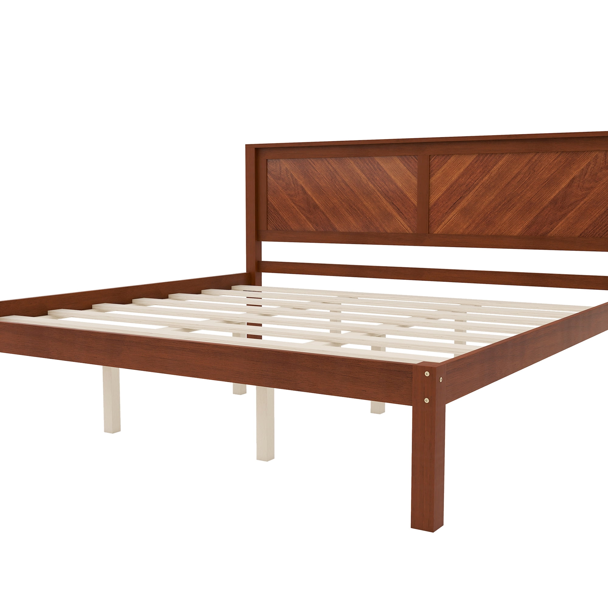 King Size Solid Wood Platform Bed Frame with Herringbone Wood Headboard, Farmhouse Chevron Panel Bed, Under Bed Storage Clearance, No Box Spring Needed, Sturdy Support Legs, Walnut Finish