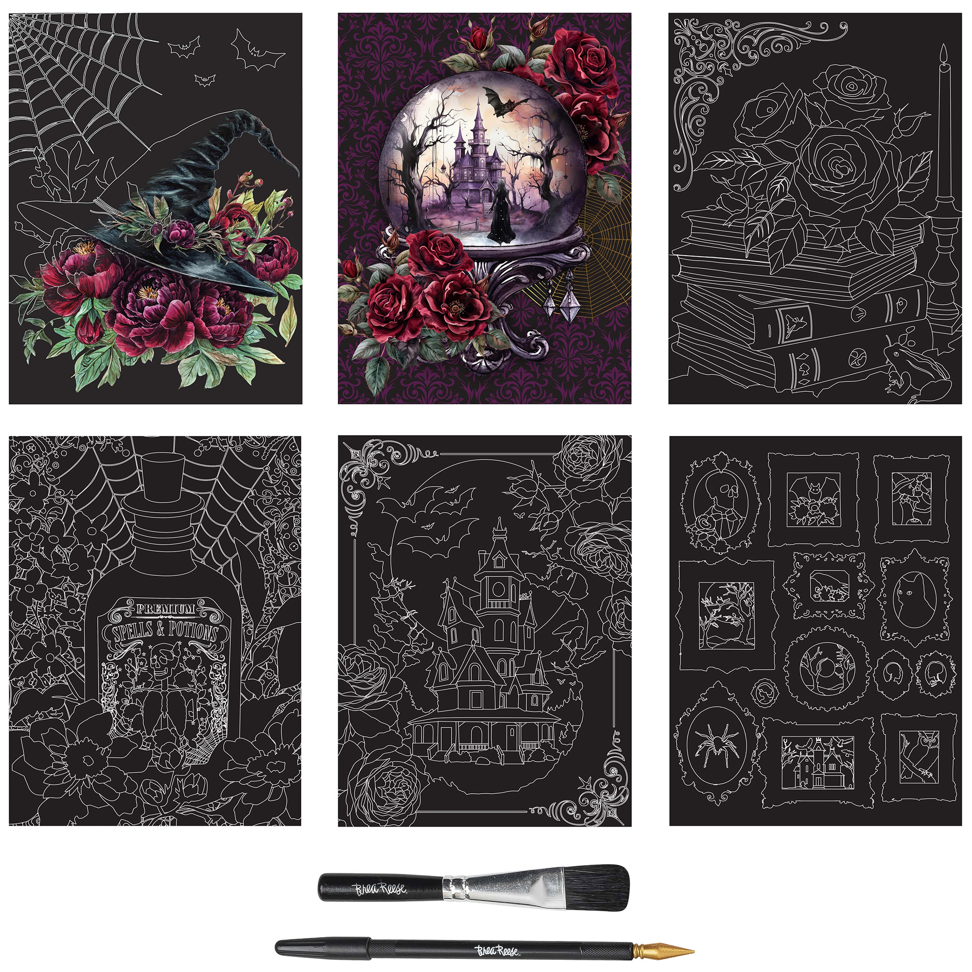 Brea Reese: Scratch Art Paper Pad - Witching Hour - 6 Designs, Guided Art, Metallic Accents, Stylus & Brush, Perforated 9x12" Pages, DIY Adult Craft