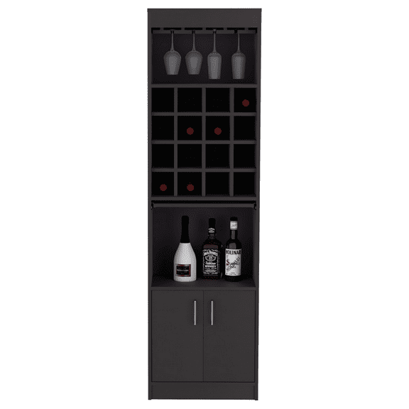 Depot E-Shop Athens Kava Bar Cabinet, 16 Built-in Wine Rack, Two Door Cabinet, Two Shelves, Black