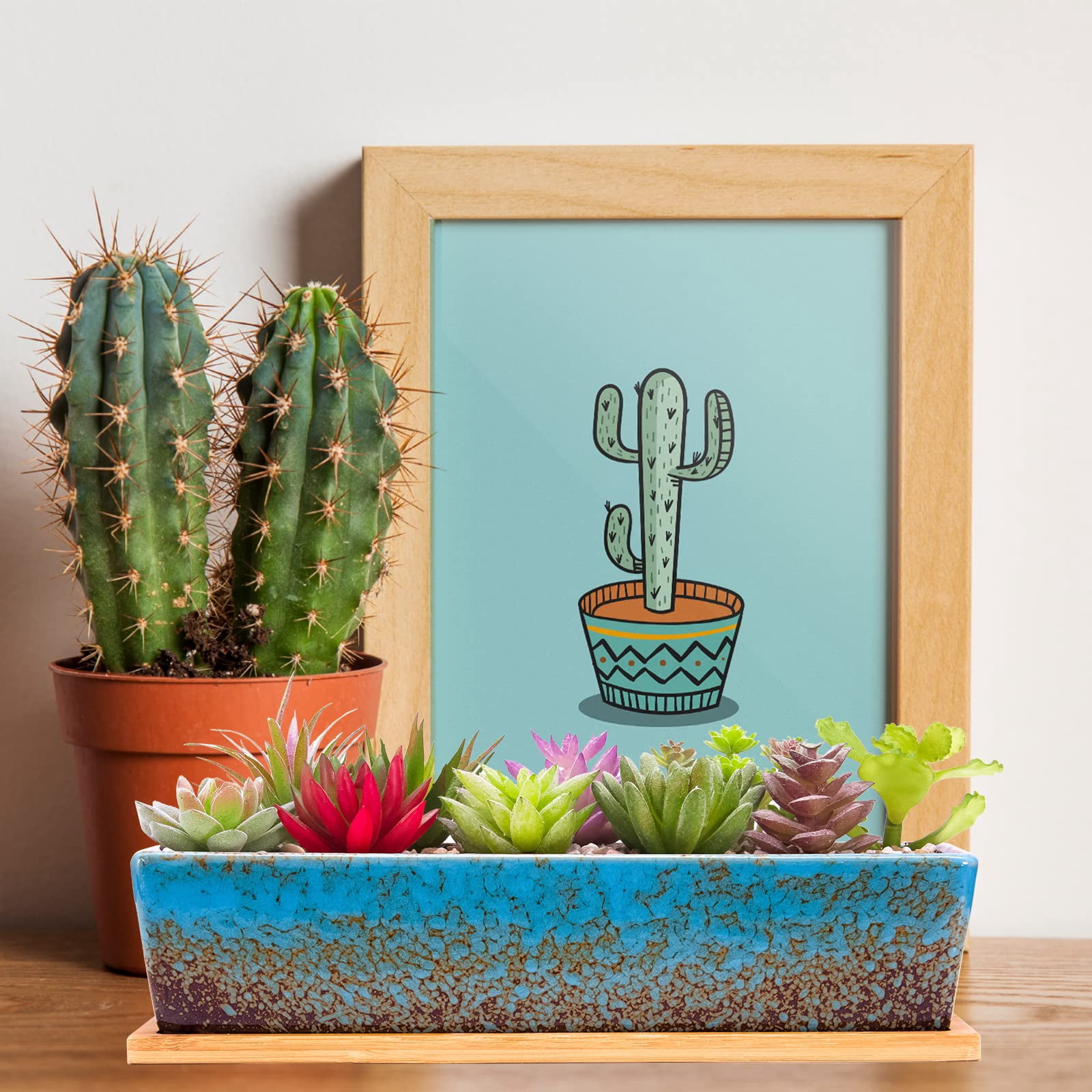 Succulent Planter Pots Large Rectangular Ceramic Cactus Flower Pot with Drainage and Bamboo Tray 12 Inch Shallow Bonsai Window Box for Home Garden Decor