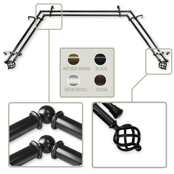 Central Design ABAY-42-2D 0.8125 in. Giro Bay Window Double Curtain Rod with Side Rod Extends Upto 20 to 36 in. & Center Rod Extends Upto 38 to 72 in., Black